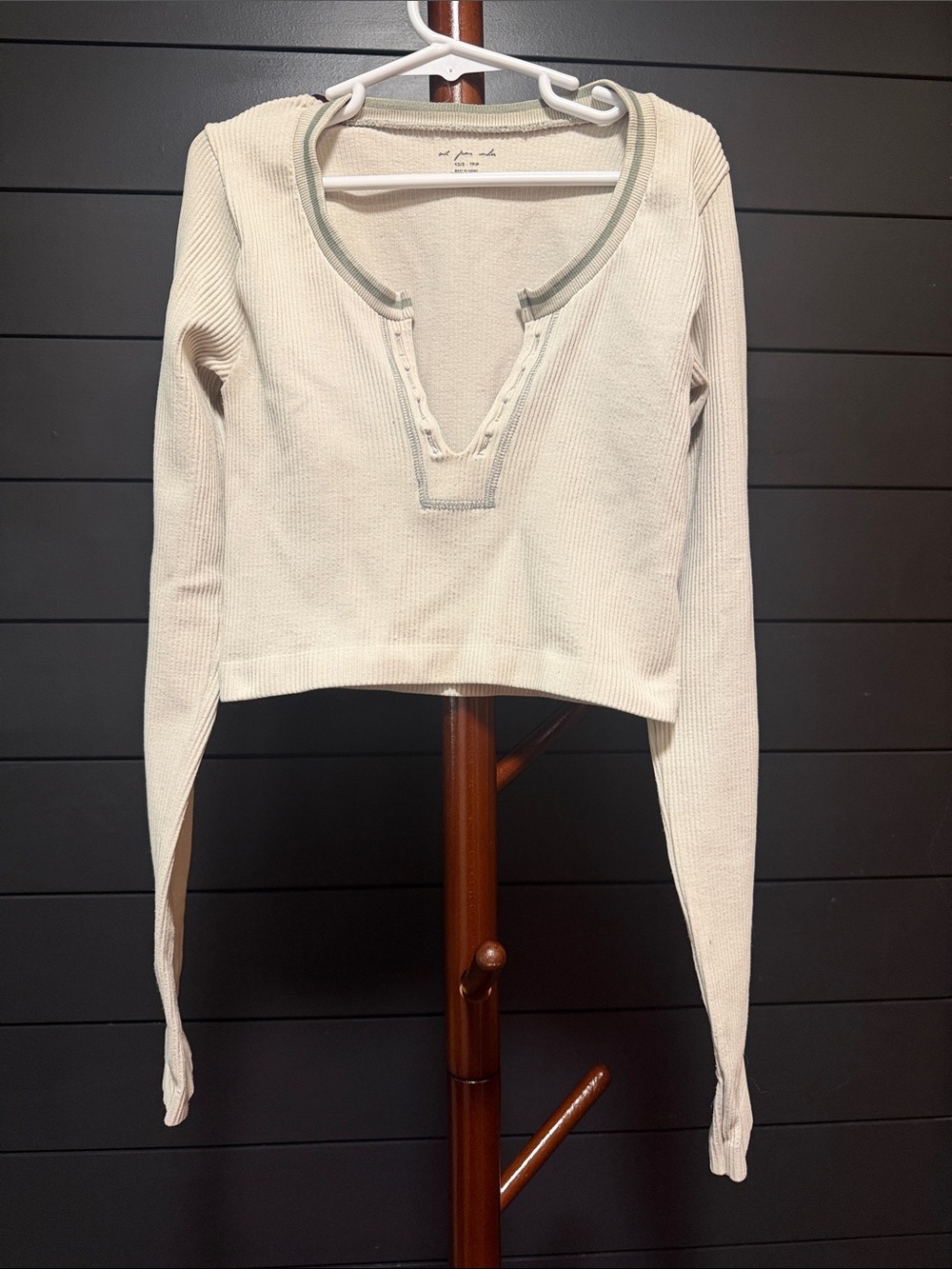 Ivory Ribbed Henley Crop Long Sleeve Top
